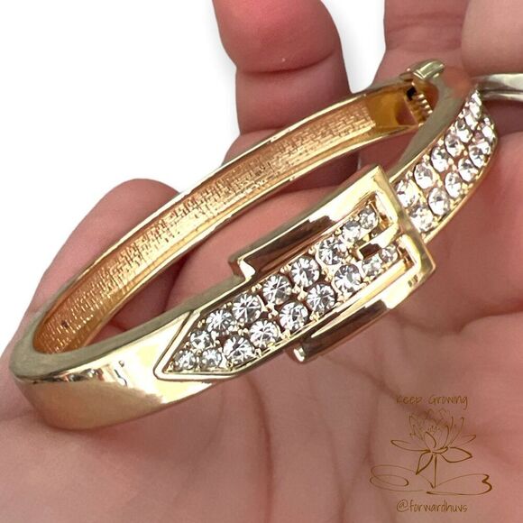 Gold Tone Rhinestone Embellished Hinge Bracelet - Picture 8 of 12